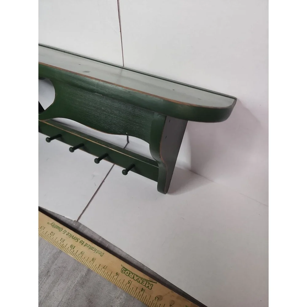 Vintage Green Wood Heart Shelf Five Hooks Cottage Country Distressed 23